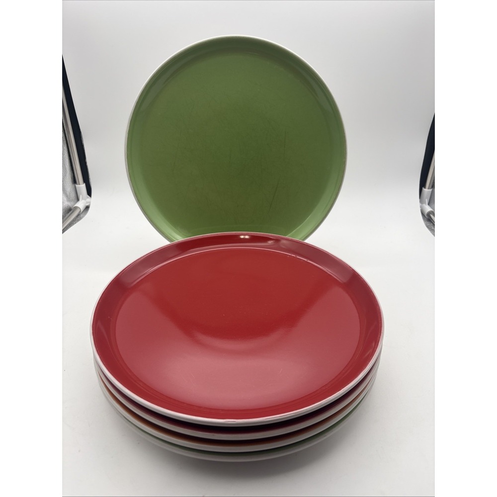 5 Oneida Color Burst 2 Green 2 Red 1 orange Dinner Plates 10.5" Stoneware